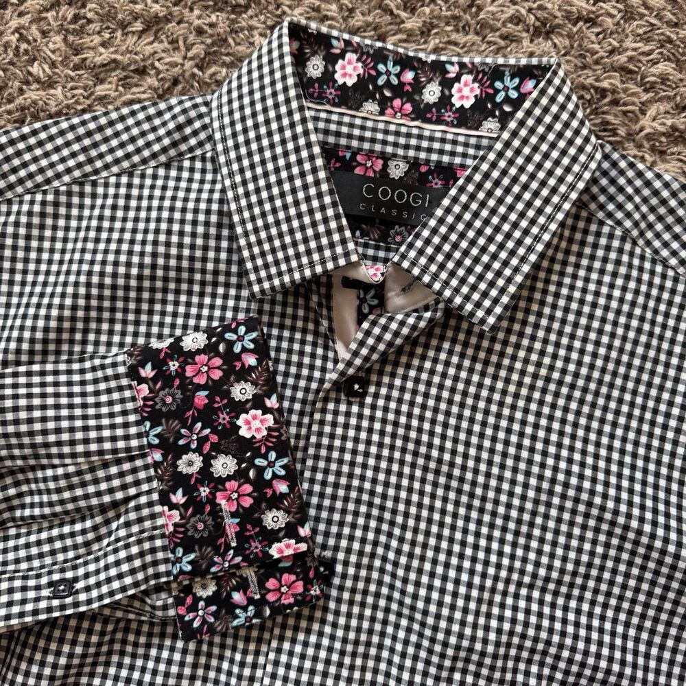 Coogi Classic Button Down Shirt Mens L 16 32/33 Black White Gingham Long Sleeve